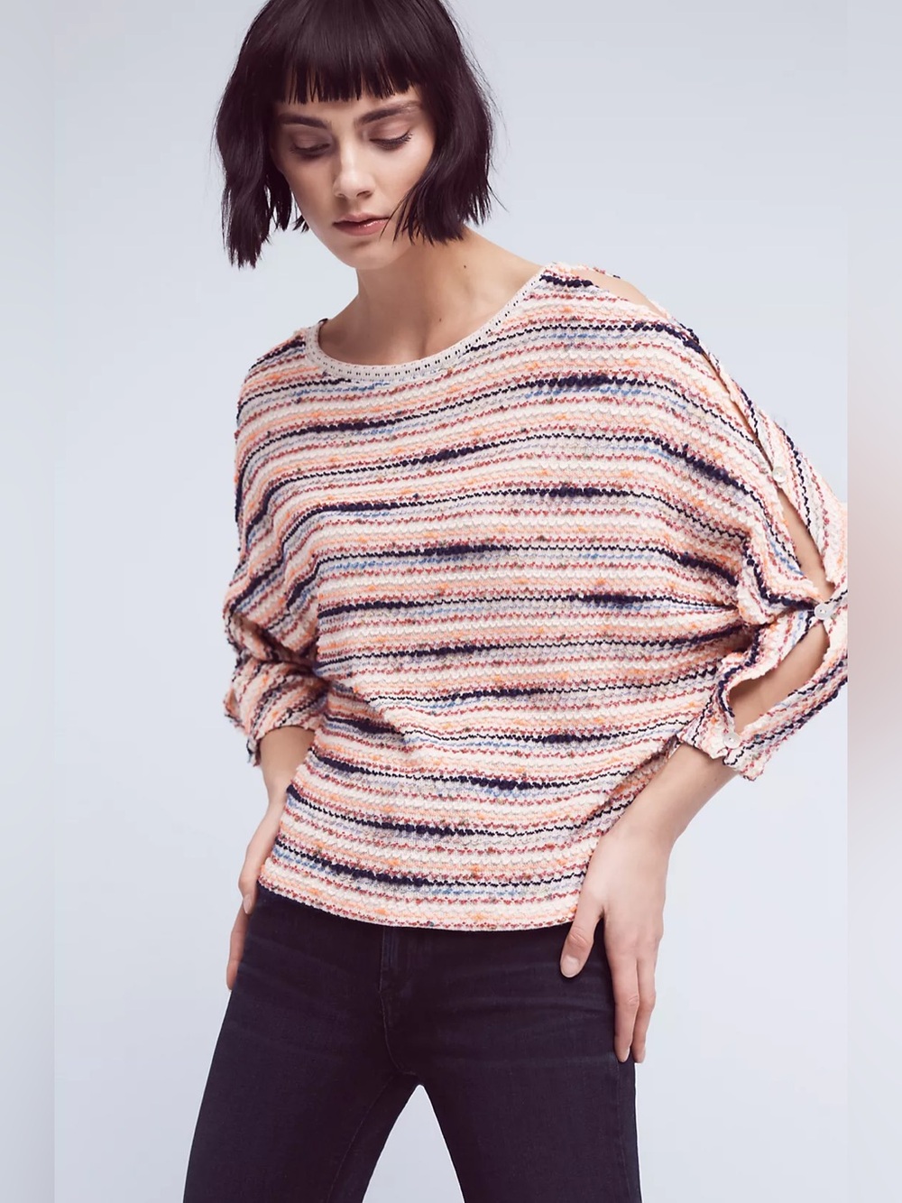 Anthropologie Striped Tie-Sleeve Knit Top in Peach and Navy